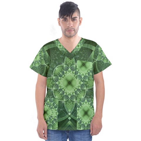 Fractal Green St Patrick S Day Men s V-neck Scrub Top by Wegoenart