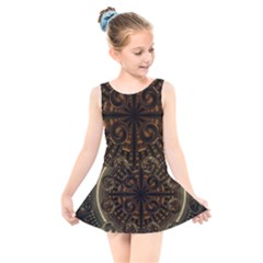 Fractal Circle Globes Geometric Kids  Skater Dress Swimsuit by Wegoenart