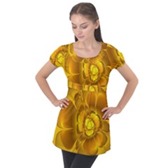 Fractal Yellow Flower Floral Puff Sleeve Tunic Top by Wegoenart