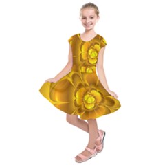 Fractal Yellow Flower Floral Kids  Short Sleeve Dress by Wegoenart