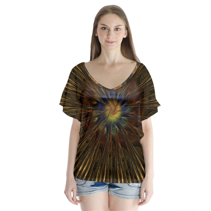 Fractal Golden Spiral Geometry V-Neck Flutter Sleeve Top