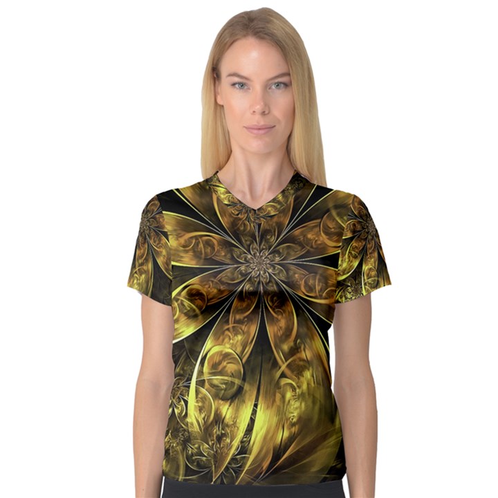 Fractal Floral Gold Golden V-Neck Sport Mesh Tee