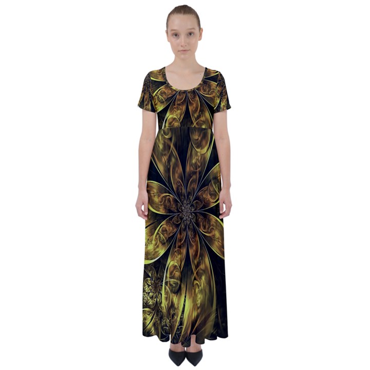 Fractal Floral Gold Golden High Waist Short Sleeve Maxi Dress