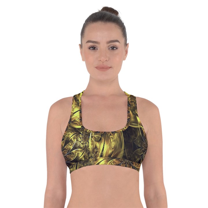 Fractal Floral Gold Golden Cross Back Sports Bra