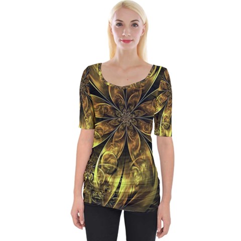 Fractal Floral Gold Golden Wide Neckline Tee by Wegoenart