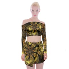 Fractal Floral Gold Golden Off Shoulder Top With Mini Skirt Set by Wegoenart