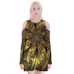 Fractal Floral Gold Golden Velvet Long Sleeve Shoulder Cutout Dress by Wegoenart