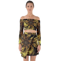 Fractal Floral Gold Golden Off Shoulder Top With Skirt Set by Wegoenart