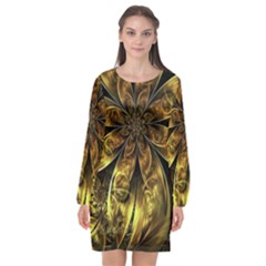 Fractal Floral Gold Golden Long Sleeve Chiffon Shift Dress  by Wegoenart