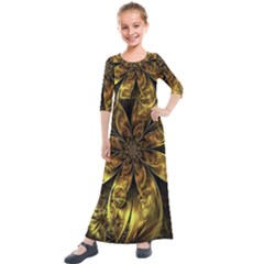 Fractal Floral Gold Golden Kids  Quarter Sleeve Maxi Dress by Wegoenart