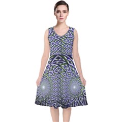 Fractal Mirror Flowers V-neck Midi Sleeveless Dress  by Wegoenart