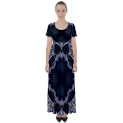 Fractal Aqua Silver Pattern High Waist Short Sleeve Maxi Dress by Wegoenart