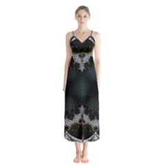 Fractal Aqua Silver Pattern Button Up Chiffon Maxi Dress