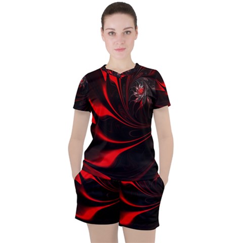 Abstract Curve Dark Flame Pattern Women s Tee And Shorts Set by Wegoenart