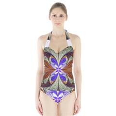 Fractal Splits Silver Gold Halter Swimsuit by Wegoenart