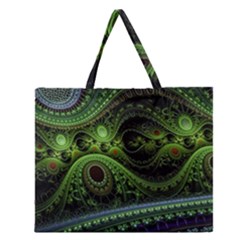 Fractal Green Gears Fantasy Zipper Large Tote Bag by Wegoenart