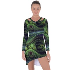 Fractal Green Gears Fantasy Asymmetric Cut-out Shift Dress by Wegoenart