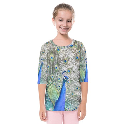 Peacock Bird Colorful Plumage Kids  Quarter Sleeve Raglan Tee by Wegoenart