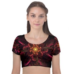 Floral Fractal Glow Flower Design Velvet Short Sleeve Crop Top  by Wegoenart