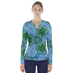 Forest Kaleidoscope Pattern V-neck Long Sleeve Top by Wegoenart