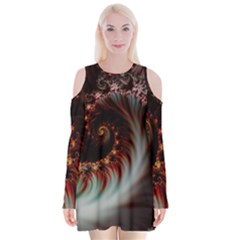 Digital Fractal Fractals Fantasy Velvet Long Sleeve Shoulder Cutout Dress by Wegoenart