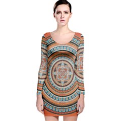 Mandala Art Painting Acrylic Long Sleeve Velvet Bodycon Dress by Wegoenart