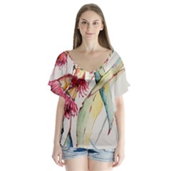 Plant Nature Flowers Foliage V-neck Flutter Sleeve Top