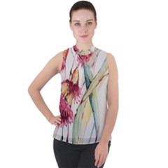 Plant Nature Flowers Foliage Mock Neck Chiffon Sleeveless Top by Wegoenart