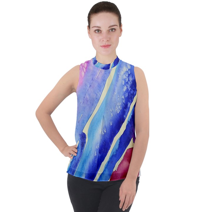 Painting Abstract Blue Pink Spots Mock Neck Chiffon Sleeveless Top