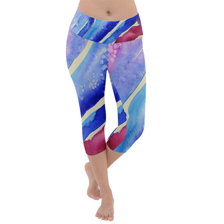 Painting Abstract Blue Pink Spots Lightweight Velour Capri Yoga Leggings