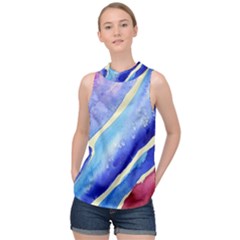 Painting Abstract Blue Pink Spots High Neck Satin Top