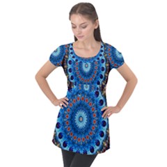 Rose Kaleidoscope Art Pattern Puff Sleeve Tunic Top