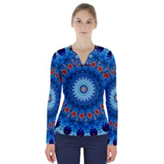 Rose Kaleidoscope Art Pattern V-neck Long Sleeve Top by Wegoenart