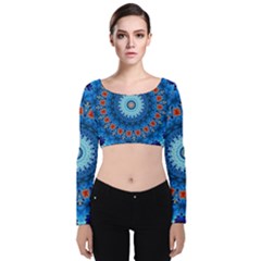 Rose Kaleidoscope Art Pattern Velvet Long Sleeve Crop Top by Wegoenart