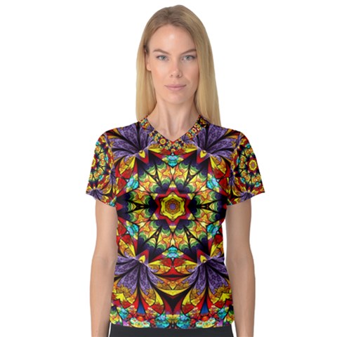 Flowers Kaleidoscope Art Pattern V-neck Sport Mesh Tee by Wegoenart