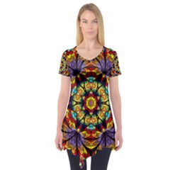 Flowers Kaleidoscope Art Pattern Short Sleeve Tunic 