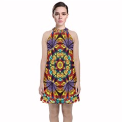 Flowers Kaleidoscope Art Pattern Velvet Halter Neckline Dress  by Wegoenart