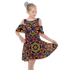 Flowers Kaleidoscope Art Pattern Kids  Shoulder Cutout Chiffon Dress