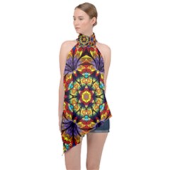 Flowers Kaleidoscope Art Pattern Halter Asymmetric Satin Top