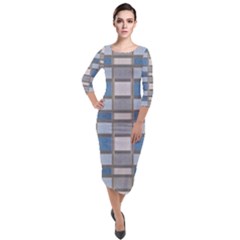 Abstract Seamless Fabric Blue Quarter Sleeve Midi Velour Bodycon Dress