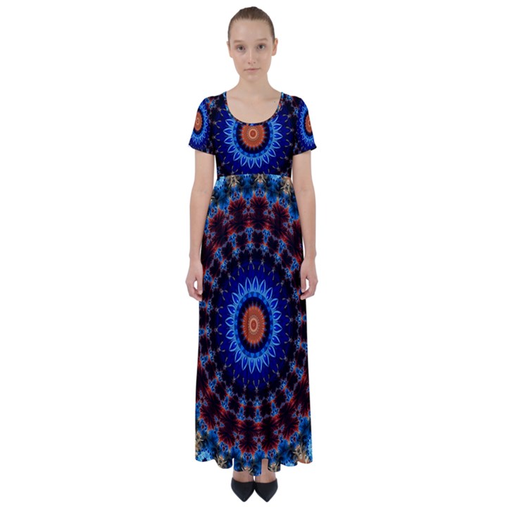 Rose Kaleidoscope Art Ornament High Waist Short Sleeve Maxi Dress