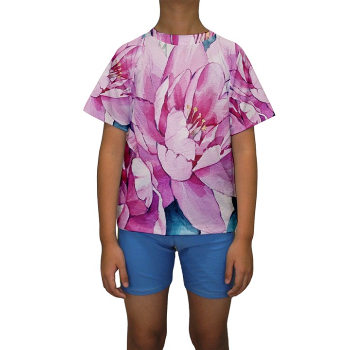 Art Painting Flowers Peonies Pink Kids  Short Sleeve Swimwear