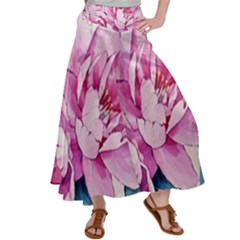 Art Painting Flowers Peonies Pink Satin Palazzo Pants