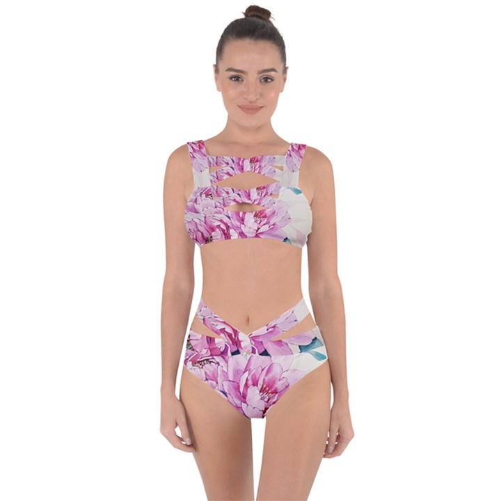 Art Painting Flowers Peonies Pink Bandaged Up Bikini Set 