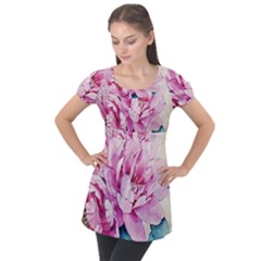 Art Painting Flowers Peonies Pink Puff Sleeve Tunic Top