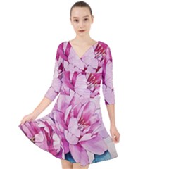 Art Painting Flowers Peonies Pink Quarter Sleeve Front Wrap Dress by Wegoenart