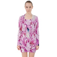 Art Painting Flowers Peonies Pink V-neck Bodycon Long Sleeve Dress by Wegoenart