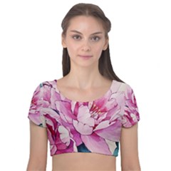 Art Painting Flowers Peonies Pink Velvet Short Sleeve Crop Top  by Wegoenart