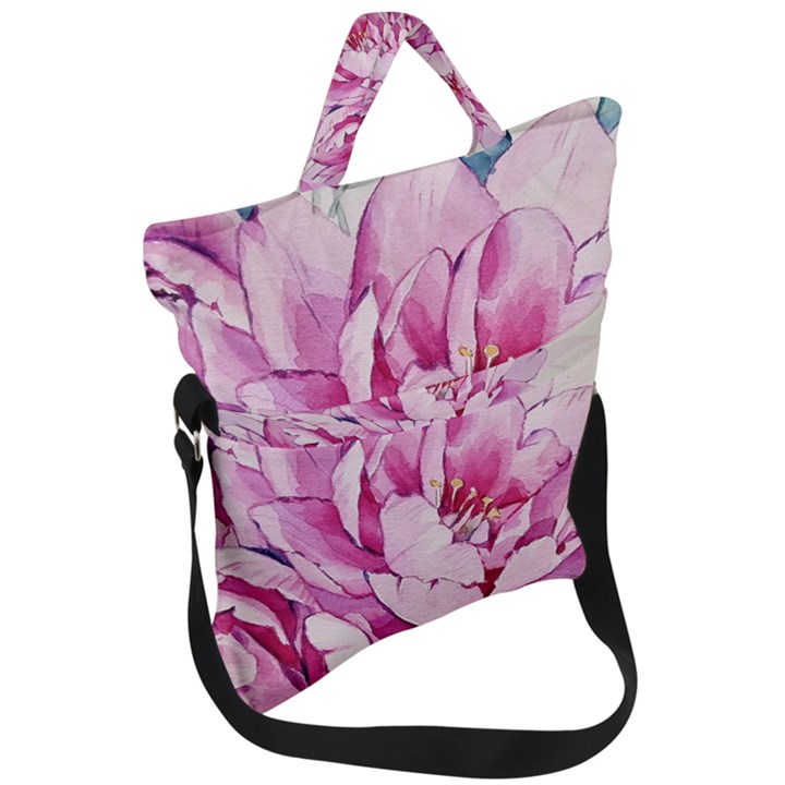 Art Painting Flowers Peonies Pink Fold Over Handle Tote Bag