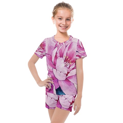 Art Painting Flowers Peonies Pink Kids  Mesh Tee And Shorts Set by Wegoenart